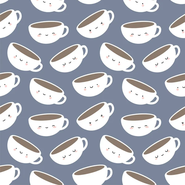 Cute Coffee Tea Cups Cartoon Smile Faces Seamless Grey Pattern — стоковий вектор