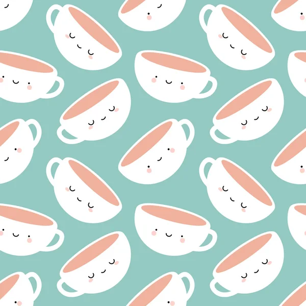 Cute Coffee Tea Cups Cartoon Smile Faces Seamless Green Pattern — Stock Vector