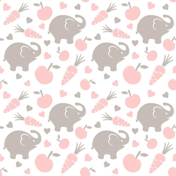 Fond Motif Sans Couture Éléphant Avec Carottes Pommes Coeurs Illustration — Image vectorielle
