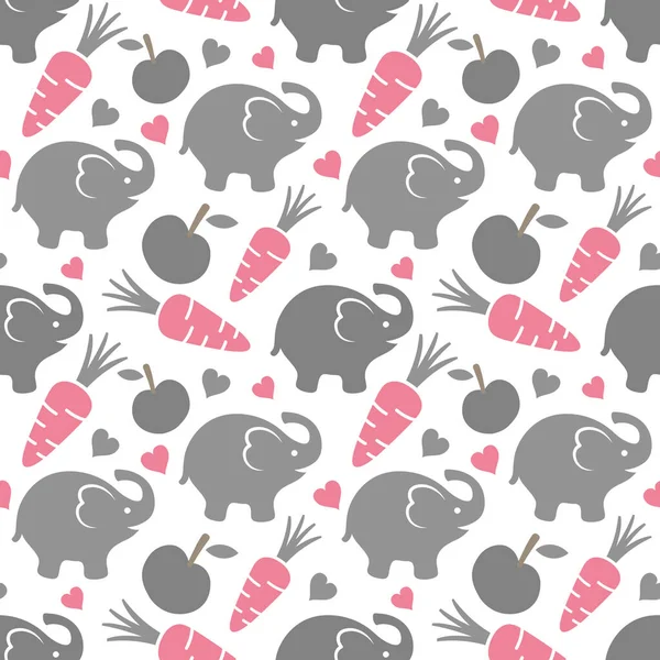 Fondo Patrón Sin Costura Elefante Con Zanahorias Manzanas Corazones Ilustración — Vector de stock
