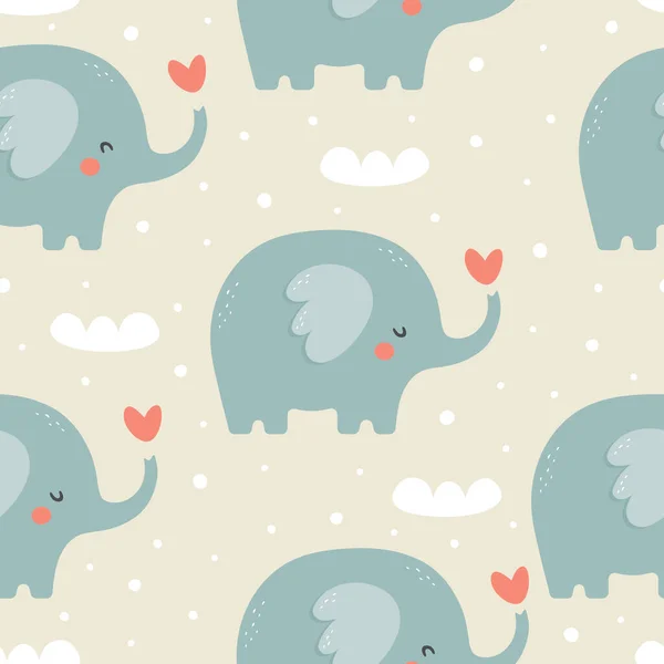 Modèle Sans Couture Avec Des Éléphants Nuages Coeurs — Image vectorielle
