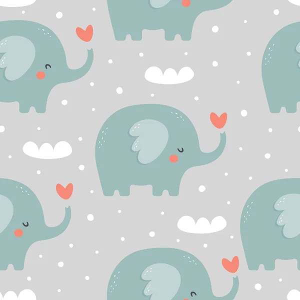 Modèle Sans Couture Avec Des Éléphants Nuages Coeurs — Image vectorielle