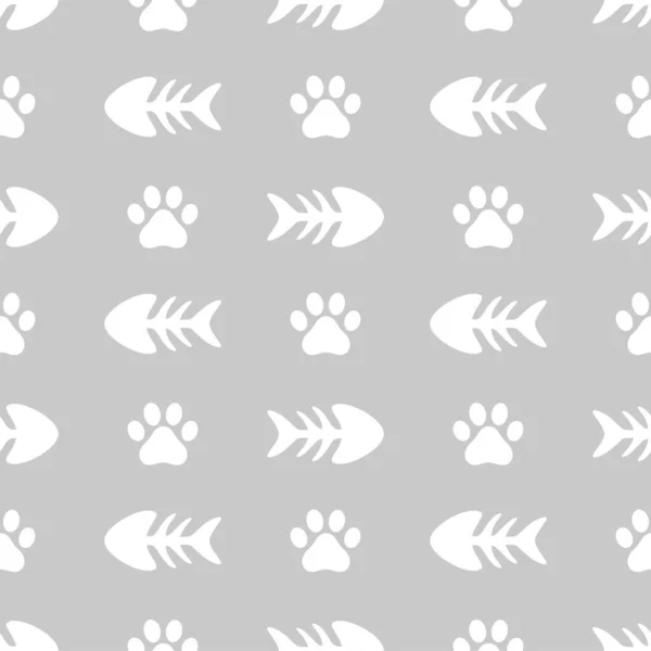 Fishbones Animal Paws Seamless Pattern Background Εικονογράφηση Διανυσματικών Γατών Και — Διανυσματικό Αρχείο