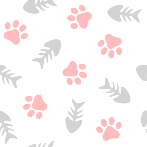 Fishbones Animal Paws Seamless Pattern Background Cat Fish Vector Illustration — Stock Vector