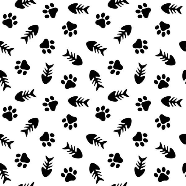 Fishbones Animal Paws Seamless Pattern Background Εικονογράφηση Διανυσματικών Γατών Και — Διανυσματικό Αρχείο