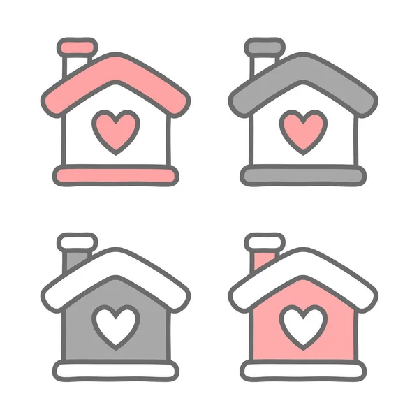 Handgezeichnete Häuser Mit Herz Icons Set Vektorillustration — Stockvektor