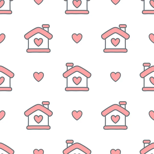 Hand Drawn Houses Hearts Seamless Pattern — Stock Vector