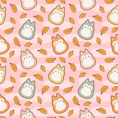 Foxes kawaii siluetleri pürüzsüz desen arkaplan, Vektör illüstrasyonu