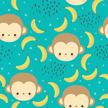 Muzları pürüzsüz desenli, vektör illüstrasyonlu maymunlar sevimli