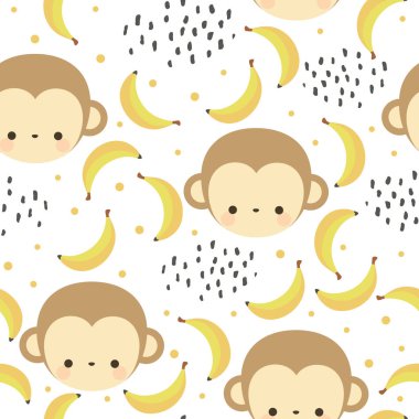 Muzları pürüzsüz desenli, vektör illüstrasyonlu maymunlar sevimli