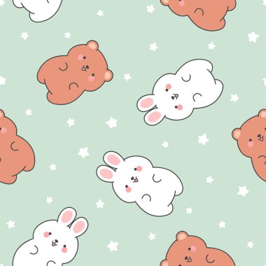 Cute rabbits and teddy bears pattern, seamless background, hand drawn cartoon with heart, vector illustration