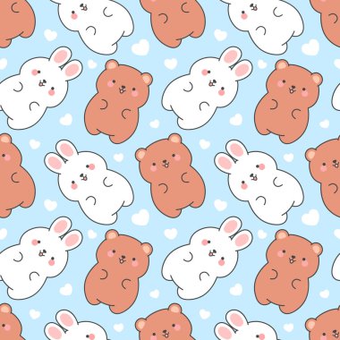 Cute rabbits and teddy bears pattern, seamless background, hand drawn cartoon with heart, vector illustration