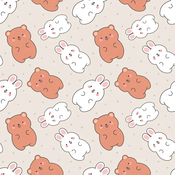 Cute Rabbits Teddy Bears Pattern Seamless Background Hand Drawn Cartoon — 스톡 벡터