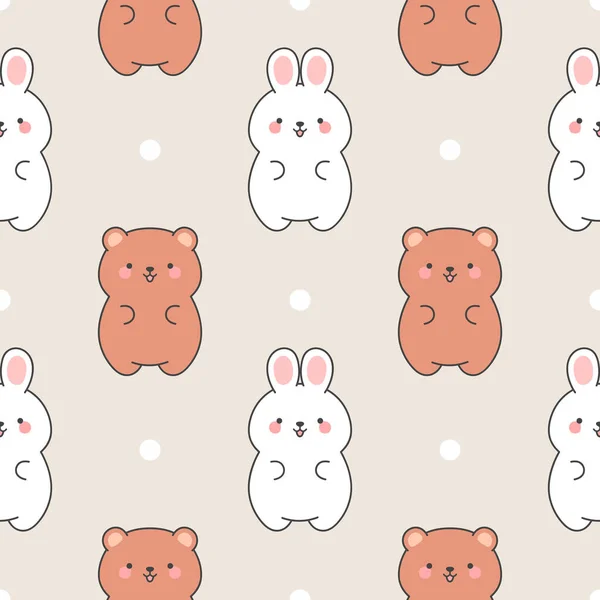 Cute Rabbits Teddy Bears Pattern Seamless Background Hand Drawn Cartoon — Διανυσματικό Αρχείο