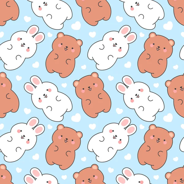Cute Rabbits Teddy Bears Pattern Seamless Background Hand Drawn Cartoon — Vector de stock