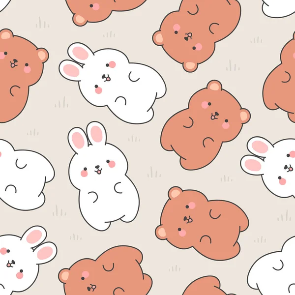 Cute Rabbits Teddy Bears Pattern Seamless Background Hand Drawn Cartoon — 스톡 벡터