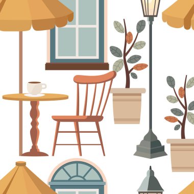 Kusursuz kafe, açık şehir kafesi, ahşap masalı kahve evi, sandalyeler ve saksı bitkileri, sokak içecekleri veya abur cubur kafeteryası, çizgi film vektör çizimleri.