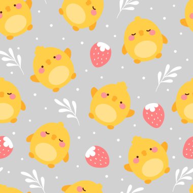 civciv ve çilek desenli kusursuz arka plan, hayvan çizgi film çizimleri