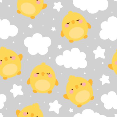 Bulut desenli kusursuz arka planı olan civcivler, hayvan karikatürü çizimleri