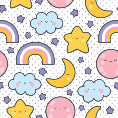 Ay Bulutları Gökkuşakları ve Yıldızlar Sevimli Kusursuz Desen, Çizgi Film Vektör İllüzyonu, Çocuk için Çocuk Yuvası
