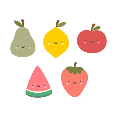 Bir grup tatlı meyve karakteri. vektör illüstrasyonu.