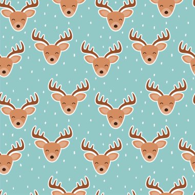 Güzel ren geyiği çizgi filmi, karlı, pürüzsüz geyik deseni. Noel vektör illüstrasyonu