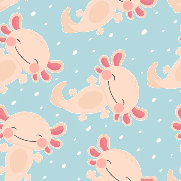 Axolotl Seamless Pattern Baby Amphibian Background Cute Animal Drawn Cartoon — Stock Vector