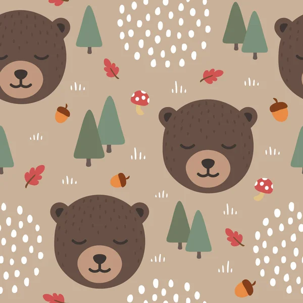 クマのシームレスなパターンの背景 森の中で眠そうなかわいいクマ ベクトルイラスト — ストックベクタ