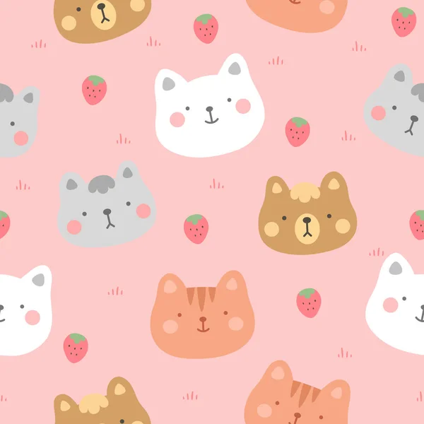 具有草莓无缝图案的猫 涂鸦猫动物背景 小猫病媒图解 — 图库矢量图片