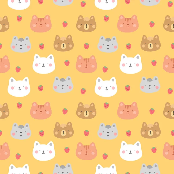 イチゴのシームレスなパターンを持つ猫 猫の背景 子猫のベクトルイラスト — ストックベクタ