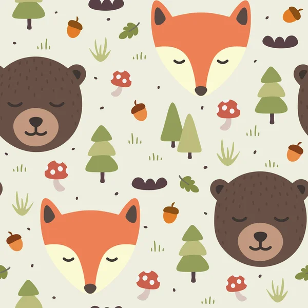 クマとキツネのシームレスなパターンの背景 森の中で眠そうなかわいいクマ ベクトルイラスト — ストックベクタ