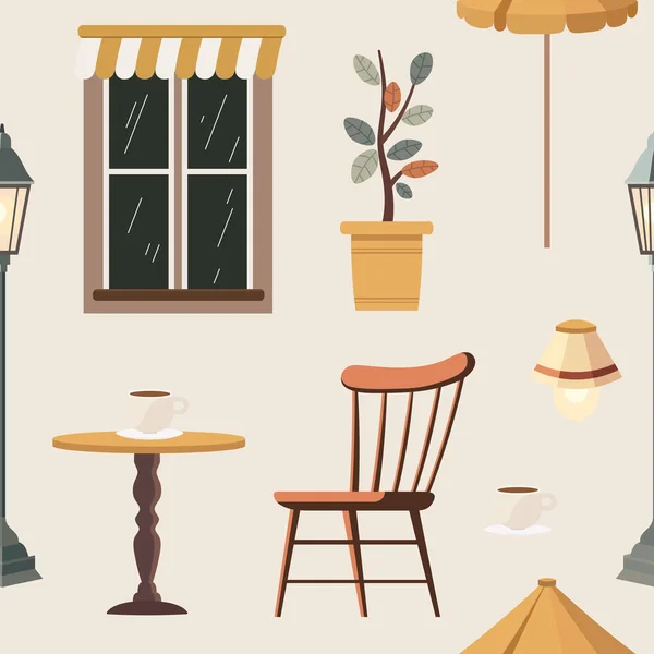 カフェのシームレスなパターン 屋外都市のカフェ 木製のテーブル 鉢植えのコーヒーハウス ストリートドリンクやスナックカフェテリア 漫画ベクトルイラスト — ストックベクタ