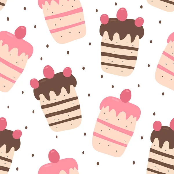 Chocolate Strawberry Cake Cherry Seamless Pattern Background Cute Hand Drawn — Stock Vector