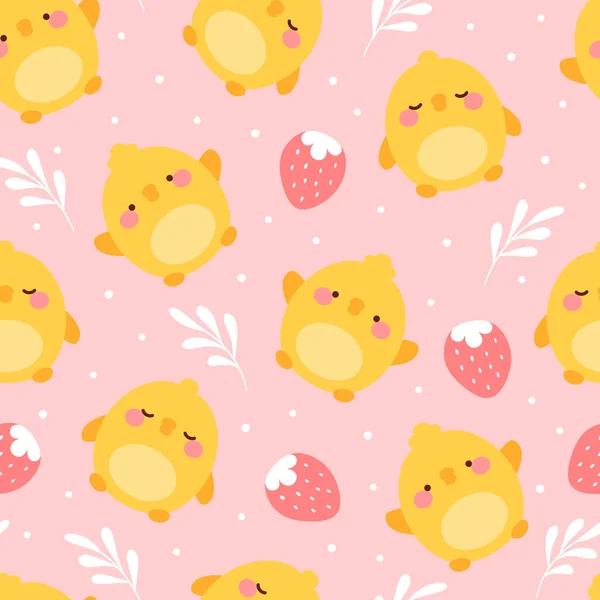 Chicks Strawberry Pattern Seamless Background Animal Cartoon Illustration — Stock Vector