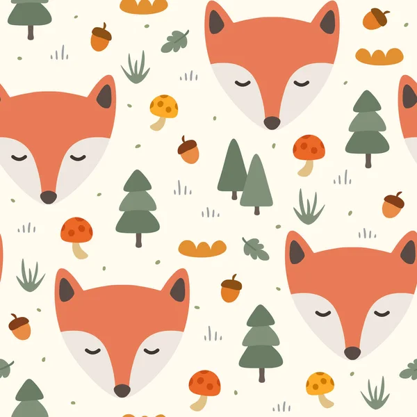 Fuchs Und Bäume Nahtloser Musterhintergrund Vektorillustration — Stockvektor