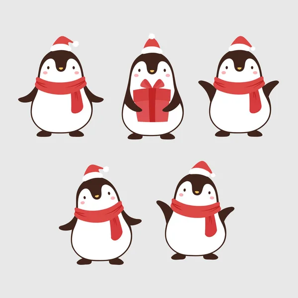 Niedliche Pinguine Mit Weihnachtsgeschenk Vektorillustration — Stockvektor