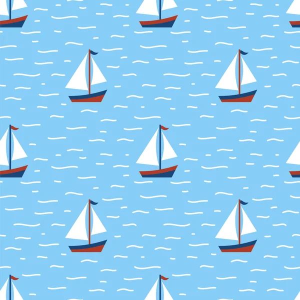 Nautische Nahtlose Muster Yachtsilhouette Auf Welle Reise Abenteuer Vektor Illustration — Stockvektor