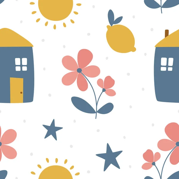 Απλό Σπίτι Και Λουλούδια Άνοιξη Ταπετσαρία — Διανυσματικό Αρχείο