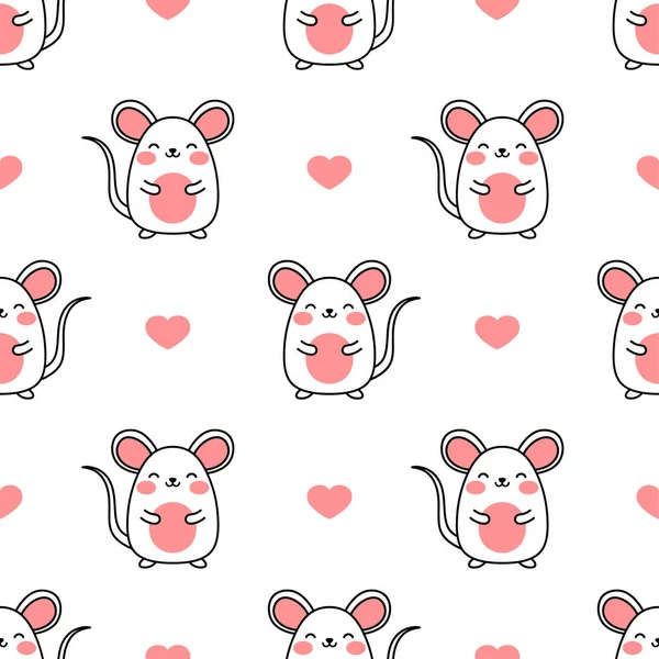 Mouse Pattern Cute Cartoon Mice Hearts Seamless Pattern Background Vector — Stock Vector