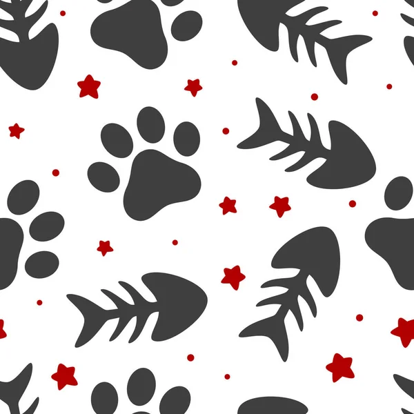 Pet Paw Fish Bone Seamless Pattern Background Animal Vector Illustration — Stock Vector