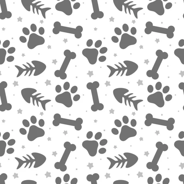 ペットの足 魚の骨と犬の骨のシームレスなパターンの背景 動物のベクトル図 — ストックベクタ