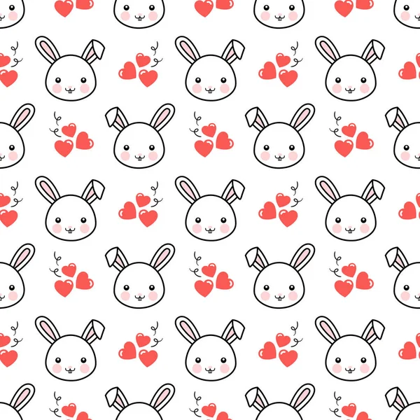 Cute Rabbit Bunny Hearts Seamless Pattern Background Simple Hand Drawn — Stock Vector