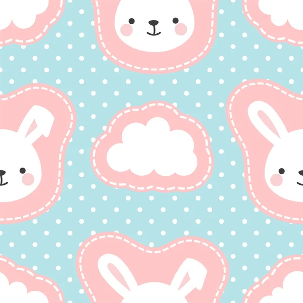 Lindo Conejo Conejo Con Puntos Nubes Sin Costuras Patrón Fondo — Vector de stock