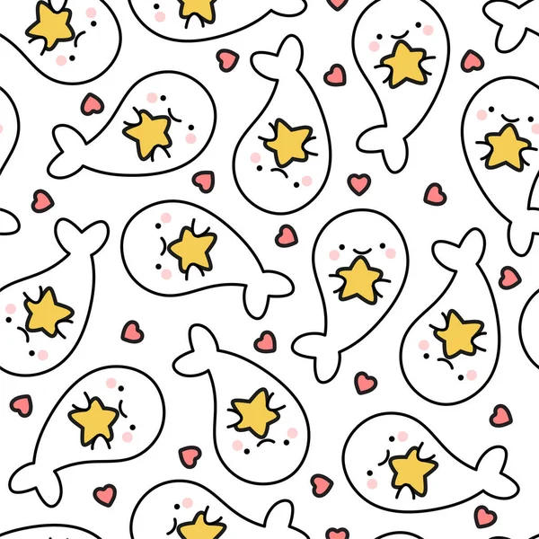 Cute Seal Seamless Pattern Stas Hearts Cartoon Fish Background — Stock Vector