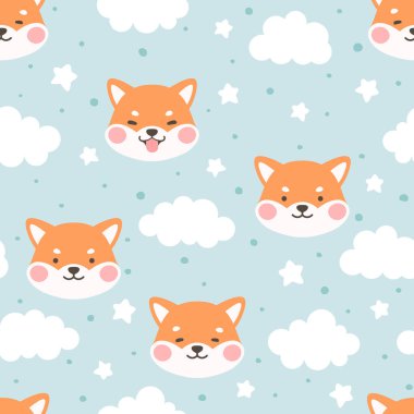 Kusursuz Şablon Arkaplanı, Cilveli ve Yıldızlı Mutlu Shiba İnu, Çizgi film Shiba Dog Vector çizimi, İskandinav duvar kağıdı arka planı