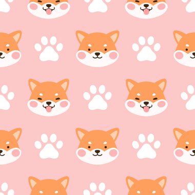 Kusursuz Şablon Arkaplanı, Köpek babalı Mutlu Shiba Inu. Çizgi film Shiba Köpek Vektör illüstrasyonu, İskandinav duvar kağıdı arkaplanı