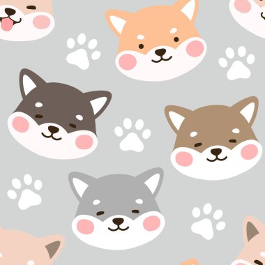 Kusursuz Şablon Arkaplanı, Köpek babalı Mutlu Shiba Inu. Çizgi film Shiba Köpek Vektör illüstrasyonu, İskandinav duvar kağıdı arkaplanı