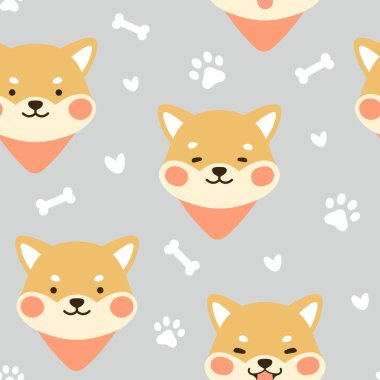 Kusursuz Şablon Arkaplanı, Köpek pençesi ve kemiği olan Mutlu Şiba İnu, Karikatür Shiba Köpek Vector çizimi, İskandinav duvar kağıdı arka planı
