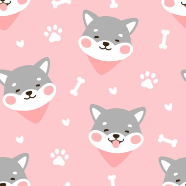 Kusursuz Şablon Arkaplanı, Köpek pençesi ve kemiği olan Mutlu Şiba İnu, Karikatür Shiba Köpek Vector çizimi, İskandinav duvar kağıdı arka planı