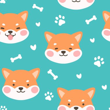 Kusursuz Şablon Arkaplanı, Köpek pençesi ve kemiği olan Mutlu Şiba İnu, Karikatür Shiba Köpek Vector çizimi, İskandinav duvar kağıdı arka planı